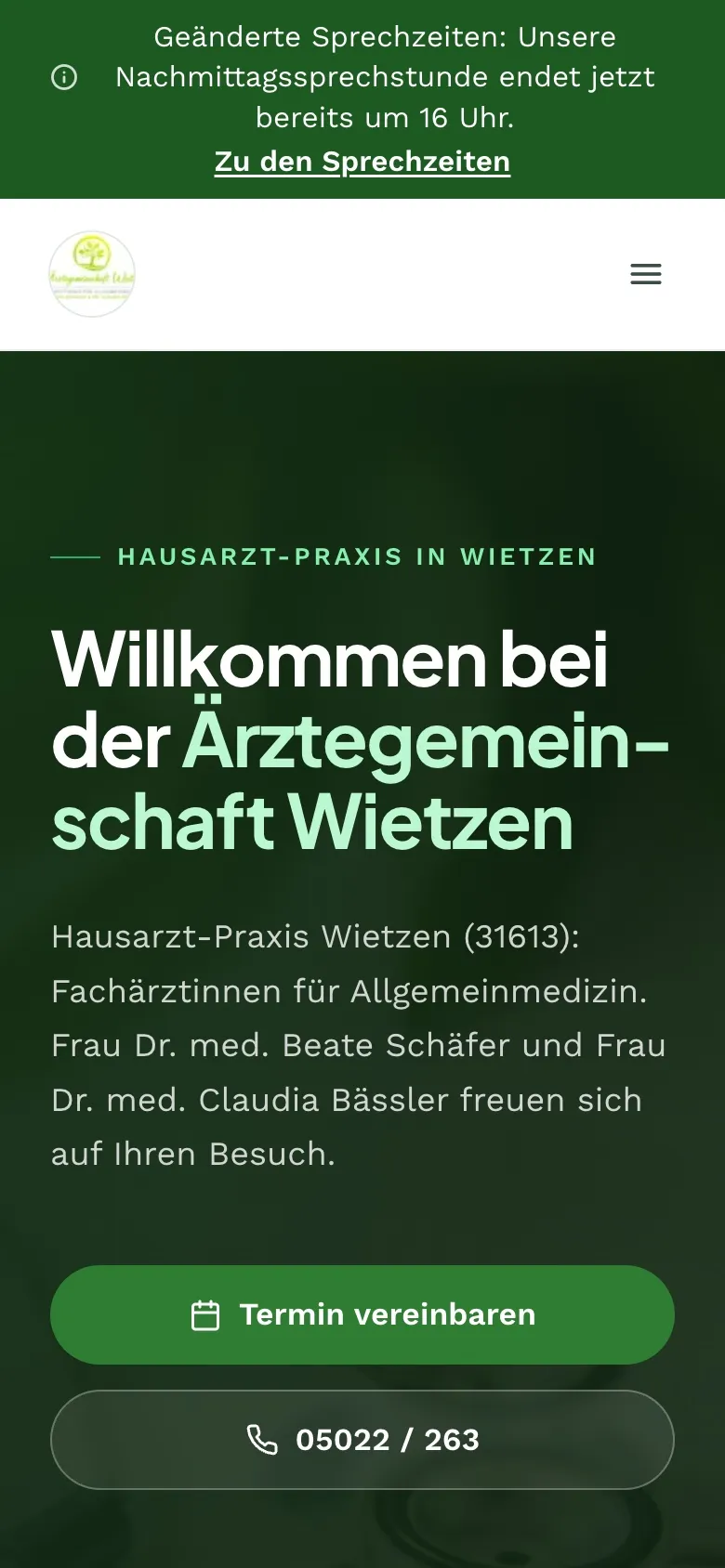 Mobile Startseite der Ärztegemeinschaft Wietzen mit Termin- und Telefonkontakt