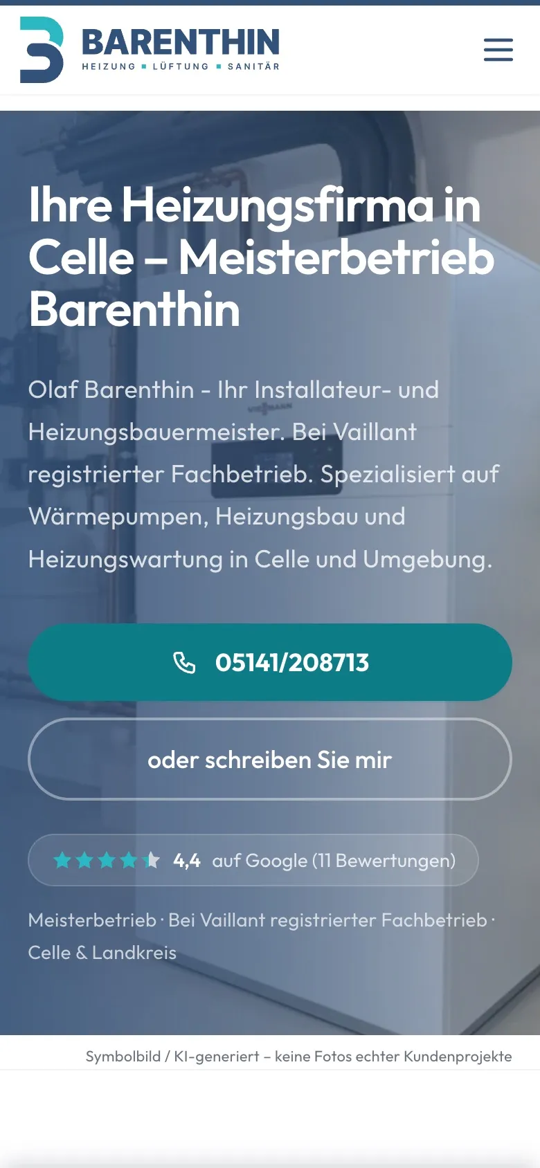 Mobile Startseite des Meisterbetriebs Barenthin mit Kontaktmöglichkeiten
