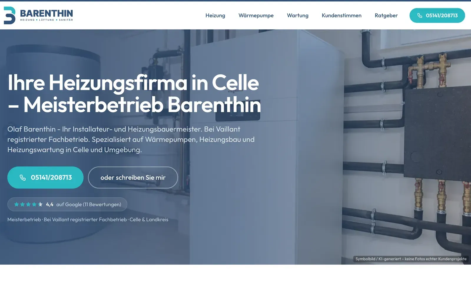 Startseite des Meisterbetriebs Barenthin mit Wärmepumpe und Leistungsübersicht