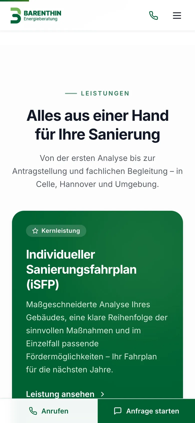 Mobile Leistungsübersicht der Energieberatung Barenthin mit Sanierungsfahrplan und Kontaktwegen