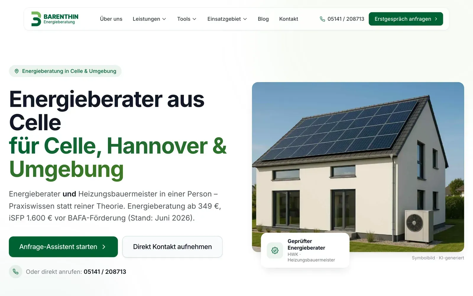 Website der Energieberatung Barenthin mit Hausmotiv und Förderthemen