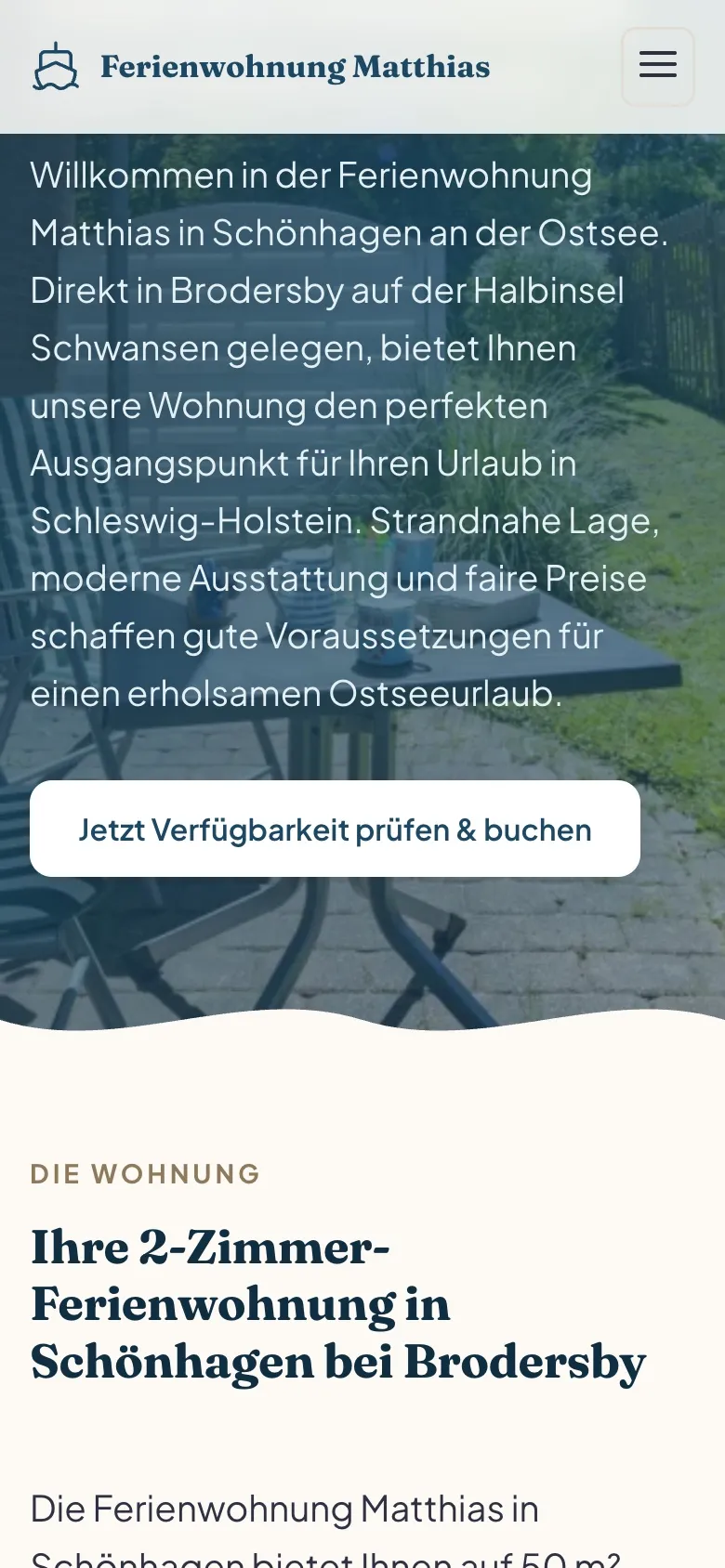 Mobile Startseite der Ferienwohnung Matthias mit Lagebeschreibung und Buchungslink