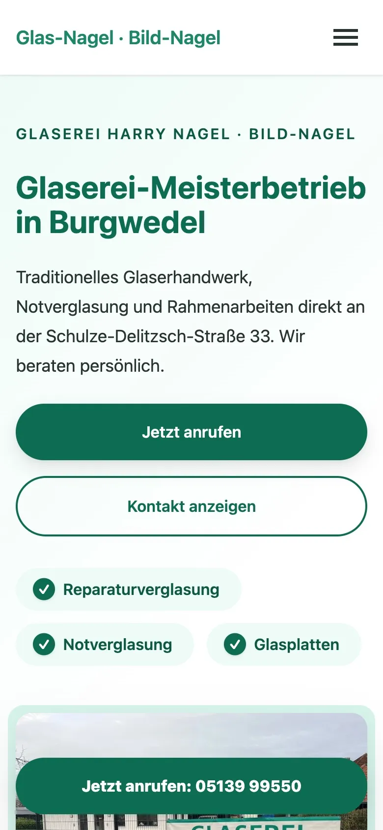 Mobile Startseite der Glaserei Glas Nagel mit Leistungsübersicht