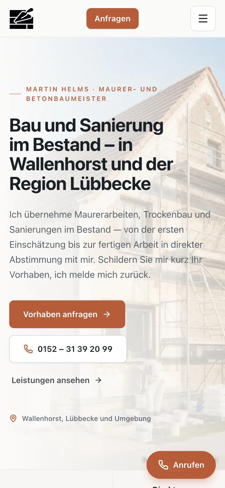 Mobile Startseite von Helmsbau mit Bau- und Sanierungsangebot